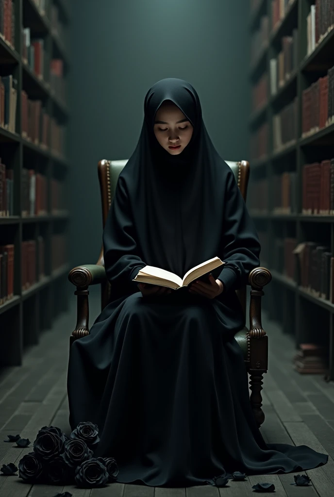 The drawing of a beautiful girl in a hijab, wearing a gorgeous black dress, calmly sits on a chair in a large library that is full of books. The surroundings are dark, and black roses decorate the floor next to her. She's holding a book that covers her face, completely immersed in its contents. The lighting is dim and creates a mysterious atmosphere. It's a scene that oozes a sense of solitude and introspection. The dark colors of the room contrast beautifully with the girl's delicate attire, enhancing her presence.