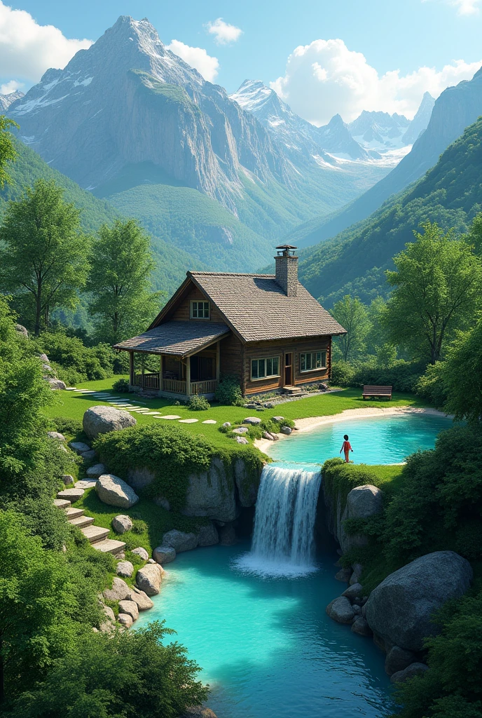 The image is an aerial view of a beautiful landscape with a small wooden cabin in the center. The cabin is made of wood and has a sloping roof, and it is surrounded by lush greenery and trees. In the center of the image, there is a small pool of turquoise water with a waterfall cascading down the rocks. The pool is located in the middle of a green valley, with a mountain in the background. The sky is blue and there are a few clouds scattered across it. The overall atmosphere is peaceful and serene.