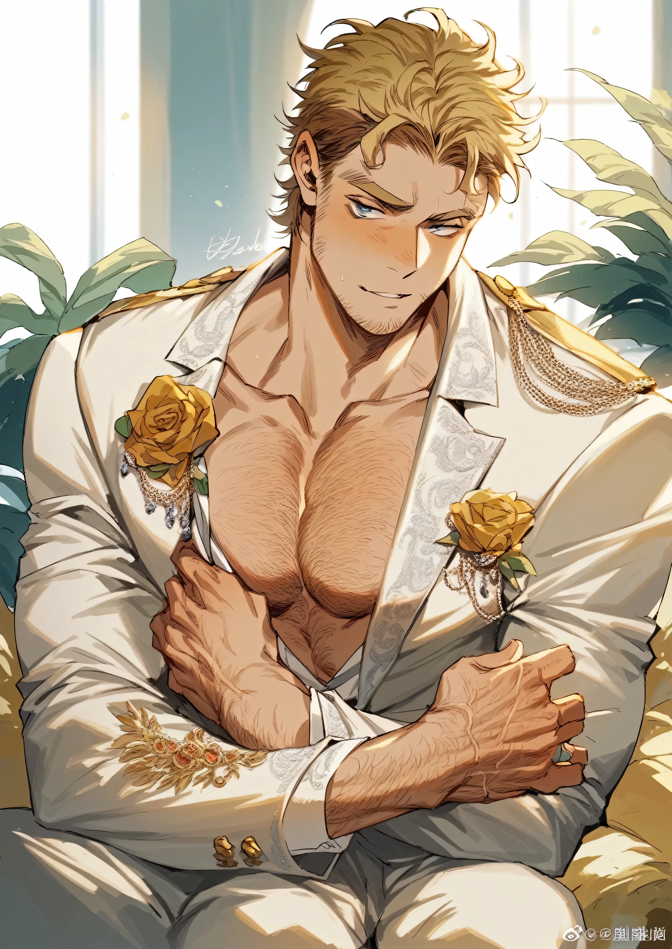 masculine man, muscular, deailed body, gay, detailed, elegant suit, hairy body, veiny hands, mirio, blonde, seductive look