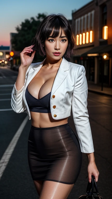 (masterpiece:1.2, Highest quality), Beautiful mature woman with a beautiful face,((45-year-old woman,ベテランflight attendant)), ((White blazer 1.4)), ((Red tight mini skirt 1.4),((Sweaty 1.5)),((Glowing Skin 1.3)),((Purple short hair 1.8)),((Accentuate the cleavage)),flight attendant, (Thighs), Perfect hands, (((Night downtown background))), , Providing safety instructions, Responding to emergencies, bangs,