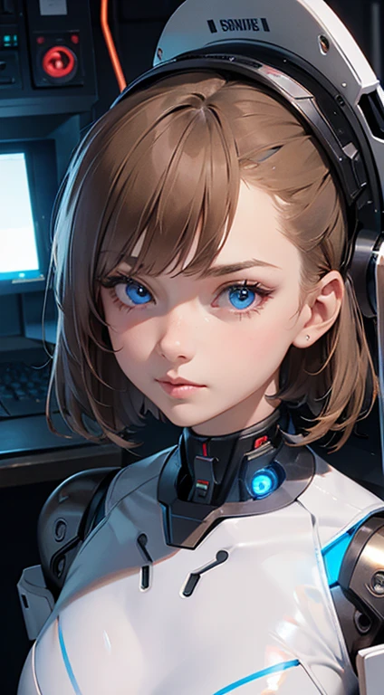 (highest quality, High resolution, masterpiece:1.2), Super detailed, realistic:1.37, (perfect anatomy),1 girl,cowboy shot,full body portrait,,close-up of woman, Cute and completely beautiful Japanese idol, 16 year old female model、Modified into a cute cyborg,, (blue led eyes:1.3), (white bio acrylic body:1.2), ,,detailed connection lines, Wires and cables connecting to the head, cybernetics, cyber 3ink, intricate decorative details, The background is the interior of a robotic operating room.,,monitor screen