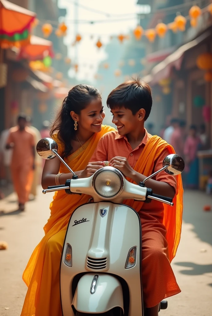 Create the photo for raksha Bandhan in which I and my sister riding in scooter