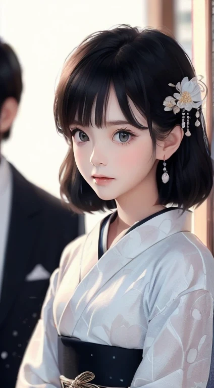 ((Highest quality, 8k, masterpiece: 1.3)), Sharp focus: 1.2, (Super beautiful face: 1.0), (Glowing Skin: 1.0), Realistic photos, Black Hair, Realistic students, Cinema Lighting, Highly detailed eyes and face, Cinema Lighting, (Cowboy Shot: 1.0), (kimono, In the same way, heart: 1.15), (Cute Korean Actresses), Originally, classic kimono,