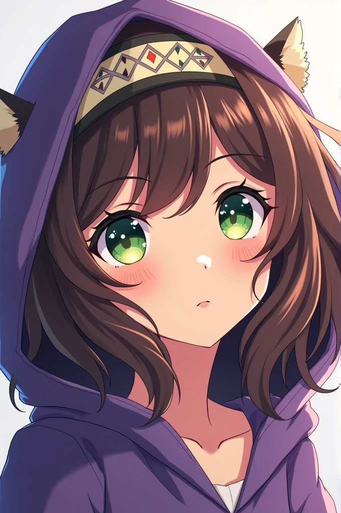anime style girl, genshin impact, brown skin, green eyes, shoulder-length wavy brown hair, cute headband in her hair, purple hood uncovered from her face 