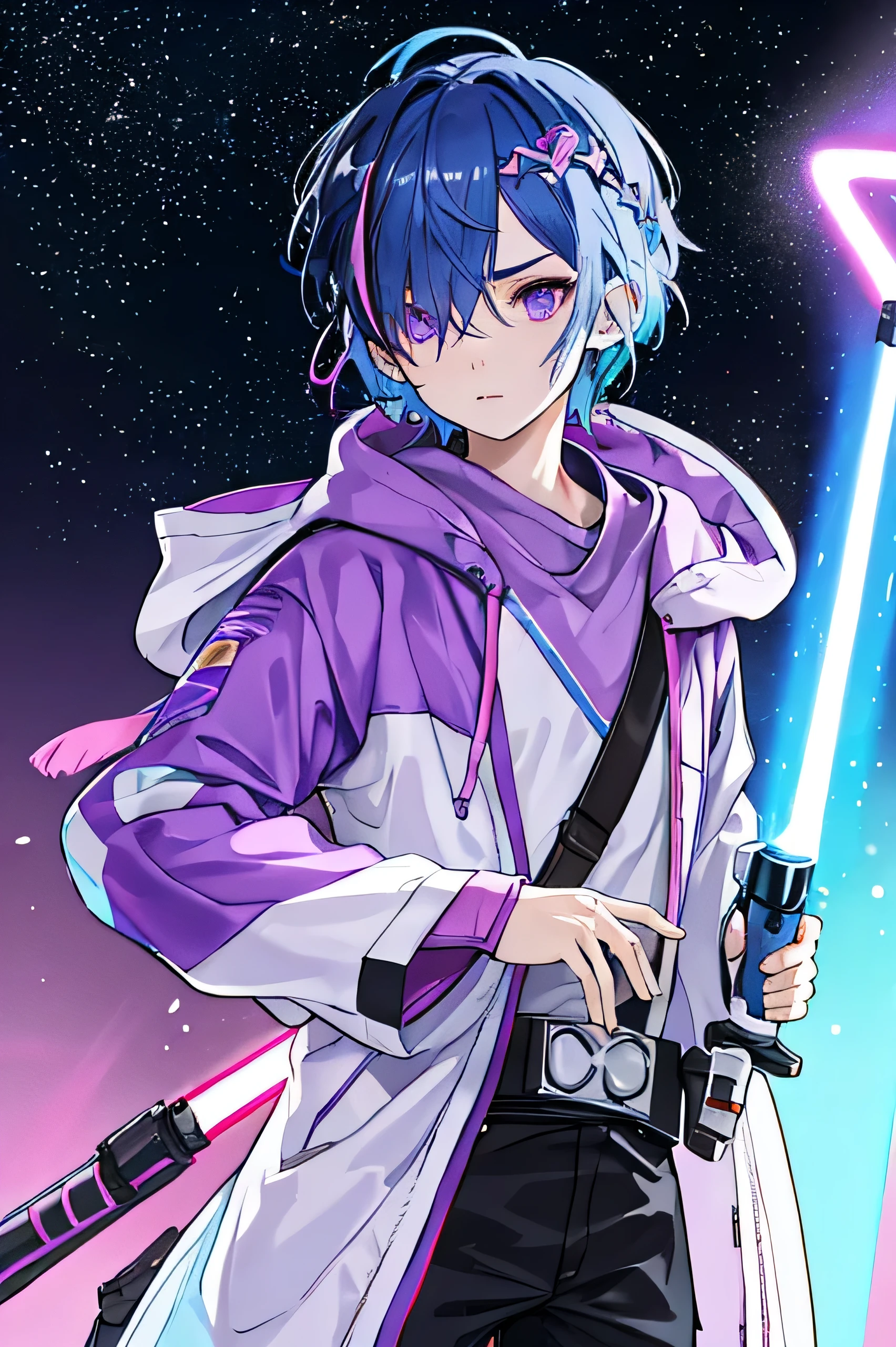 jedi, Science Fiction, Star Wars, Shota, boy, Cute boy, Black Hair, Purple Hair, Lightsaber, Dual Wielding, streaked hair, gradient hair, light blue hair, pink hair, short hair, hair over one eye, hood up, head wreath, mole under eye, purple eyes, UHD, retina, masterpiece, accurate, anatomically correct, textured skin, super detail, high details, high quality, award winning, best quality, highres, 1080P