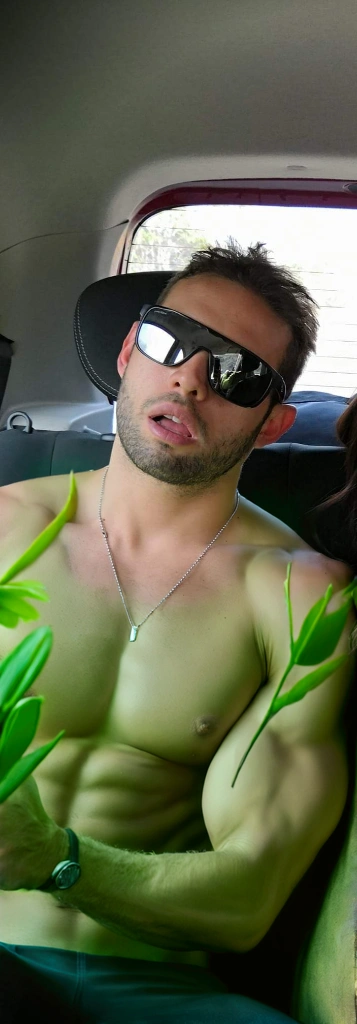 The man will not wear a shirt, He will be completely naked, and you will see his entire naked chest, full and complete. Add his muscular arm and an additional hand which is him grabbing his erect penis, naked body