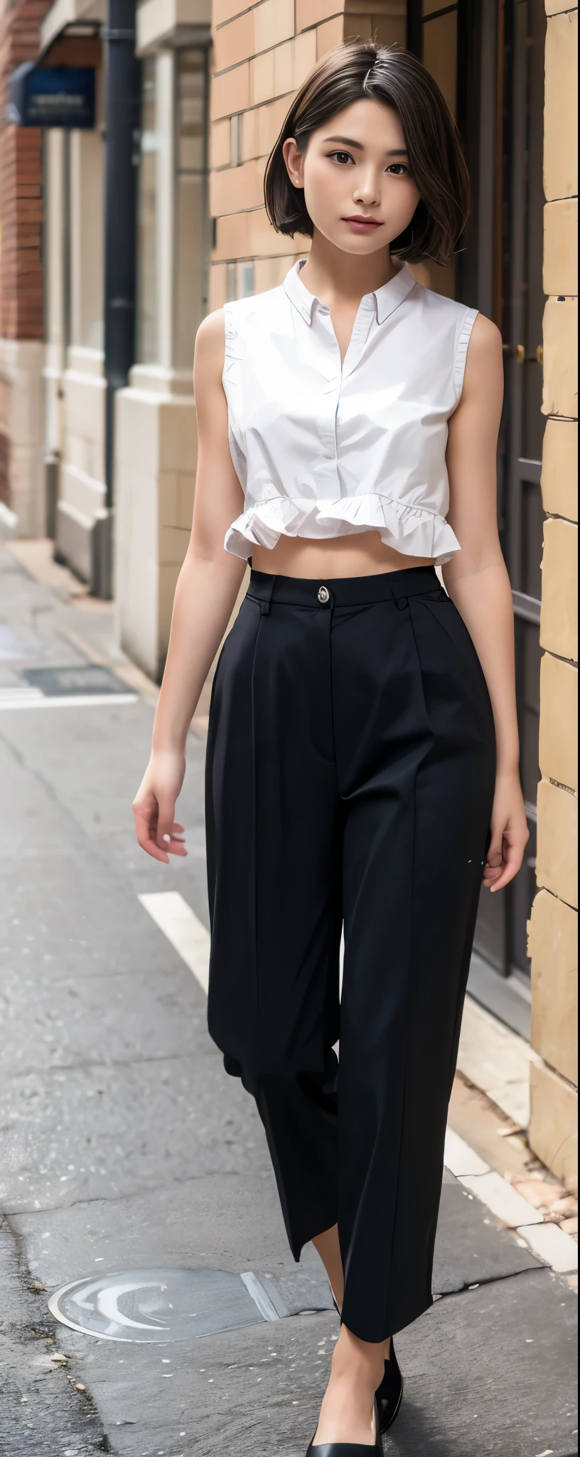 ((top-quality, 8K, ​masterpiece:1.3)), sharp focus:1.2, Beautiful Women in Perfect Style:1.4, Slender Abs:1.2, full body, wearing sleeveless shirts wide pants, ((weavy dark brown short hair:1.2)), (natural soft light, City Street:1.1), Highly detailed facial and skin texture, A detailed eye, double eyelid, uniform, Female, 24 years old