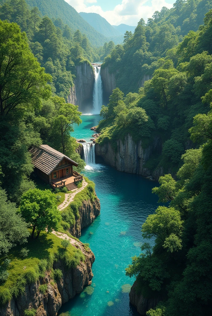 The image is an aerial view of a beautiful landscape with a small wooden cabin in the center. The cabin is made of wood and has a sloping roof, and it is surrounded by lush greenery and trees. In the center of the image, there is a small pool of turquoise water with a waterfall cascading down the rocks. The pool is located in the middle of a green valley, with a mountain in the background. The sky is blue and there are a few clouds scattered across it. The overall atmosphere is peaceful and serene.