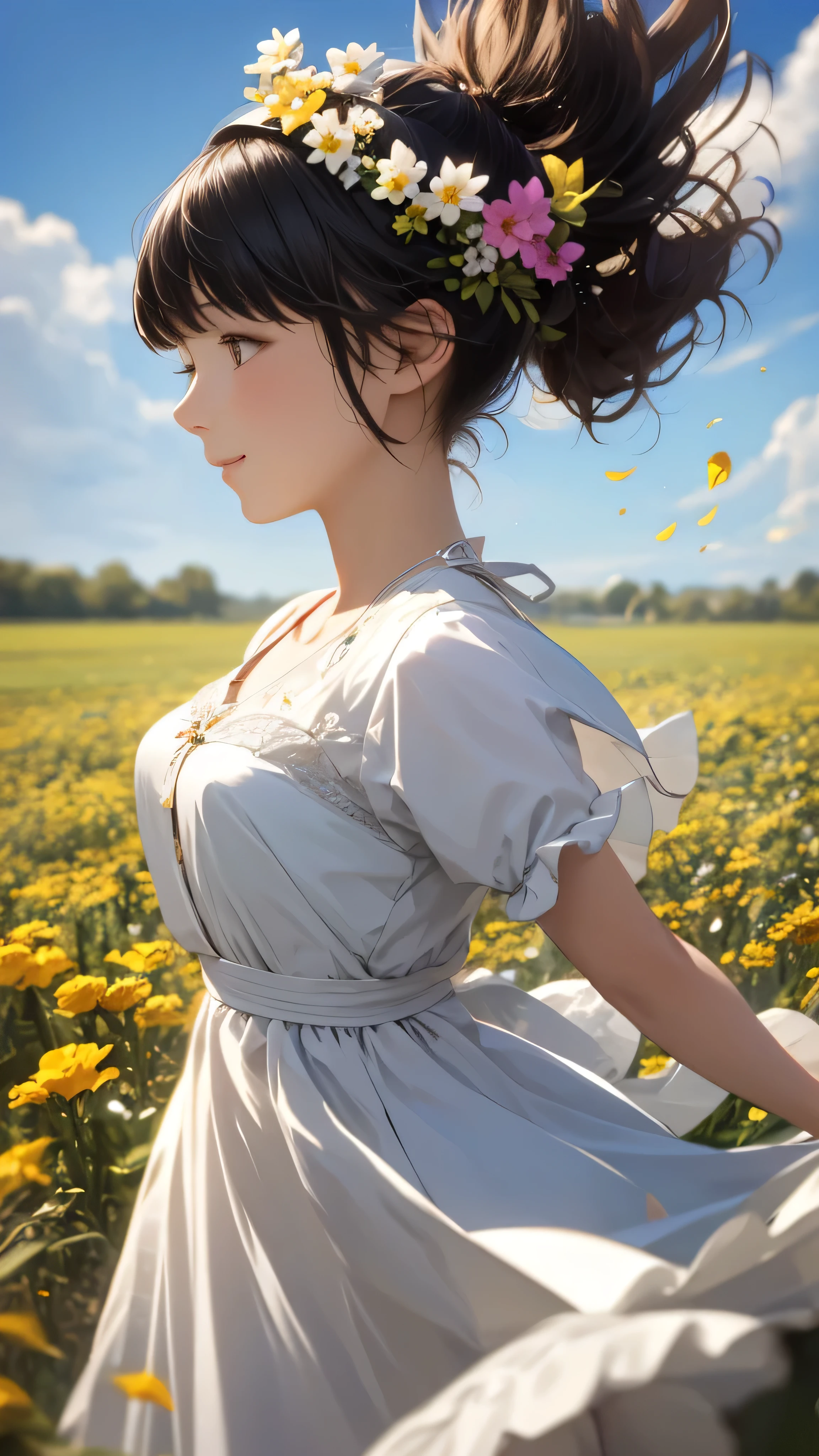 Official Art, wallpaper, Very detailed, (((Very detailed))), Realistic portraits, (high quality, masterpiece, High resolution) , 8k ウルトラHD, high quality, There are women, Surrounded by colorful flowers, Flower Field, Woman portrait, Beautiful young dark-haired woman, Fantastic and dreamy, 4K, 8k, smile, dynamic, Anatomically correct, The wind is blowing, Dancing petals, horizon, dance, Bouncing, Dress, Europe, grassland, Open Field, Low - Angle