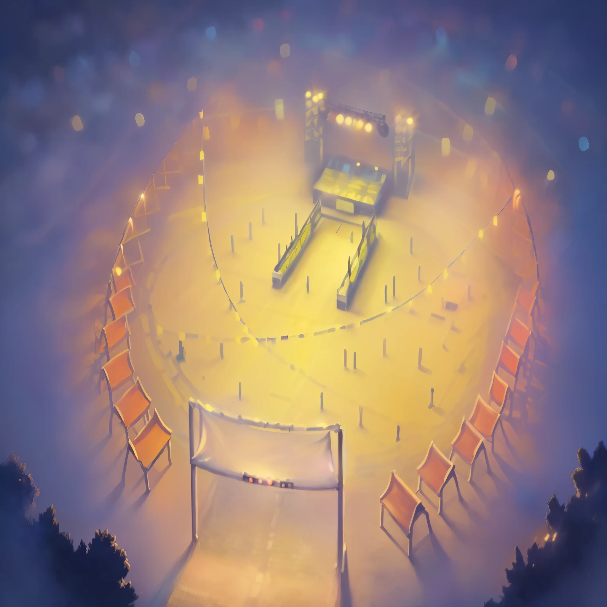 there is a drawing of a stage with chairs and a chair, blurred and dreamy illustration, concept illustration, arena background, stadium setting, concert, stage background, summer festival night, rich atmosphere, an outdoor festival stage, opening scene, fan art, music festival, blurry and dreamy illustration, beautiful atmosphere, concept illustartion, hockey arena game illustration, detailed scene
