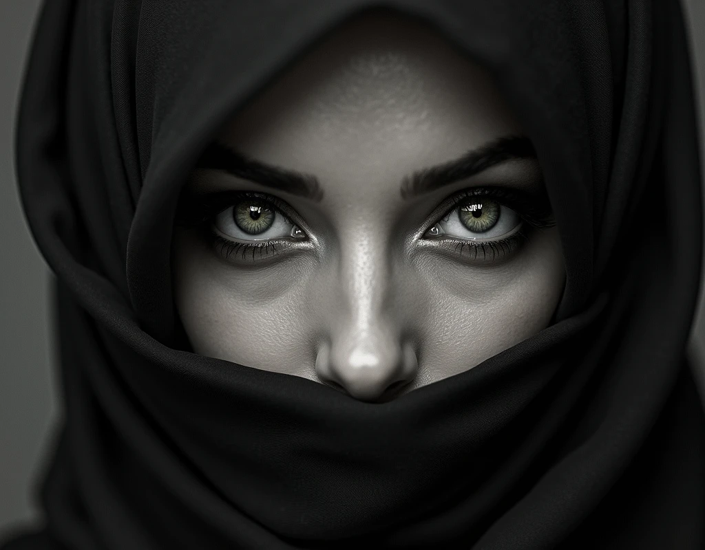 A mesmerizing close-up portrait of a woman’s face, with her captivating eyes taking center stage. Her eyes, framed by her hijab, exude a sense of mystery and elegance. Monochromatic tones and soft, textured skin texture add depth and contrast, while detailed makeup and bold dark eyeliner highlight her green eyes and striking features. The hijab artfully wraps around her face, covering her forehead and lower face, with her mouth and part of her nose hidden by the hijab, drawing the viewer into the enigmatic composition. Soft lighting highlights subtle textures and reflective shine, creating a sophisticated and seductive look that transcends time and captures the imagination.
