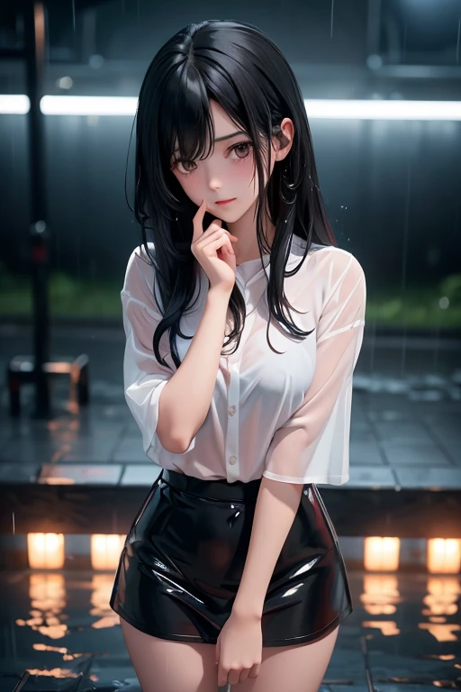 1 girl, long black hair,, shy, blush, wet, rain, transparent, (masterpiece, Best quality), soft light, Cinematic composition, cinematic light