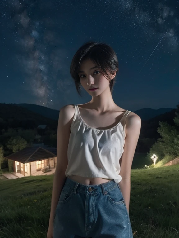 17 year old girl, with few clothes, Skinny body, small breasts, Whole body, bounded, On the grass, night sky, full of stars,