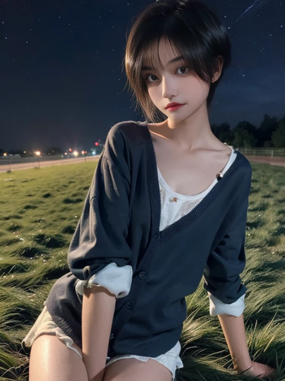 17 year old girl, with few clothes, Skinny body, small breasts, Whole body, bounded, On the grass, night sky, full of stars,