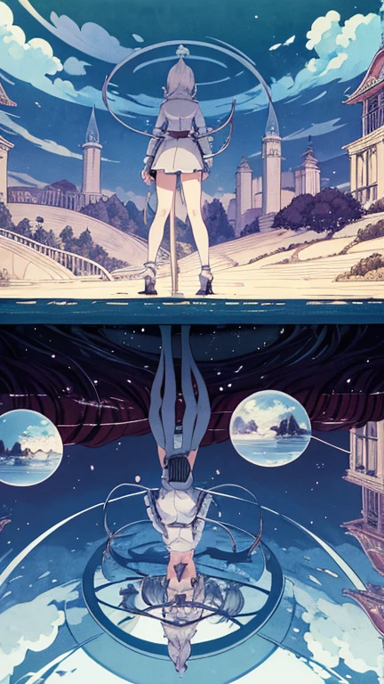 Kay Nielsen, Carll Cneut, Haruka Aizawa, Hasui Kawase, Jun'ichi Nakahara, Surrealism Mysterious Weird Fantastic Fantasy Sci-fi, Japanese Anime, Future City of Tokyo in the Mirror, Miniskirt Beautiful High School Girl Bicycle Trip, perfect voluminous body, detailed masterpiece low high angles perspectives reflection transmission reflection 