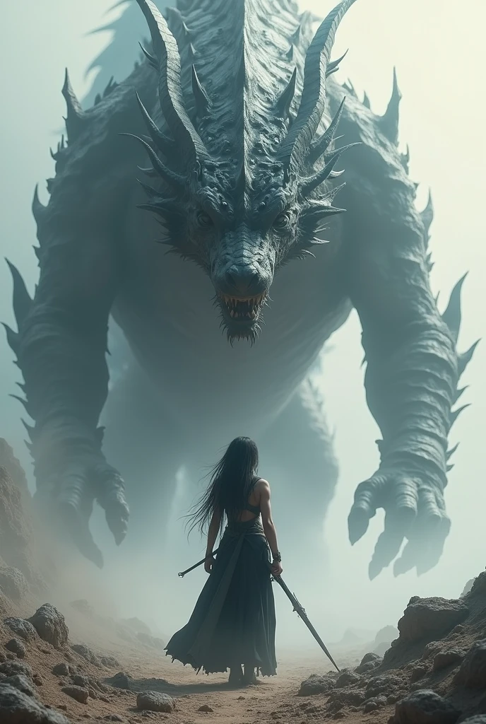 Chinese style,The scene is,The future warrior stands in front of a huge transparent black dragon,She stretched out her hands,Right hand holding sword, He faced the dragon,Messy long hair,Glow Effect,Surrealism,Hyper-photorealism,Chinese black and white ink style,silver,Decolorization,Soil,Inky black,8K,Ultrafine,high quality,OC Renderer