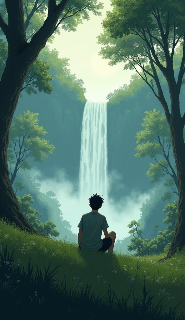 A lone middle aged boy sits on a hill in a moment of sadness, with a waterfall cascading nearby. The scene is surrounded by trees, emphasizing the solitude and emotional depth of the moment."