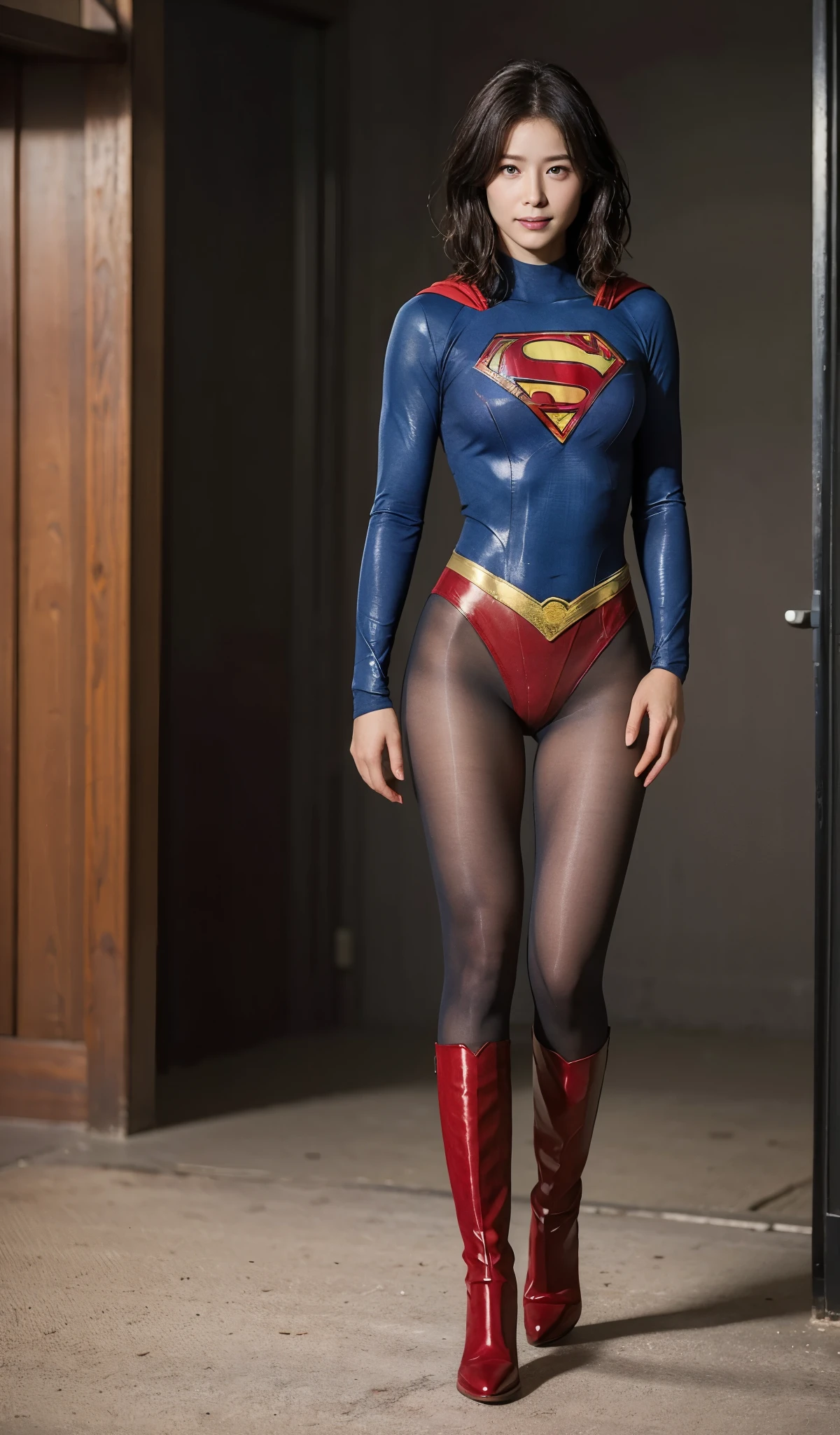 No background、(((Beautiful legs in black tights.)))、(((Legally express the beauty of your smile)))、((((Make the most of your original images)))、(((Supergirl Costume)))、(((Beautiful short bob hair)))、(((suffering)))、(((Please wear black tights....、Wear red boots)))、((Best image quality、8k))、((Highest quality、8k、masterpiece:1.3))、(((Preserve background )))、Sharp focus:1.2、Beautiful woman with perfect figure:1.4、Slim Abs:1.2、Wet body:1.5、Highly detailed face and skin texture、8k