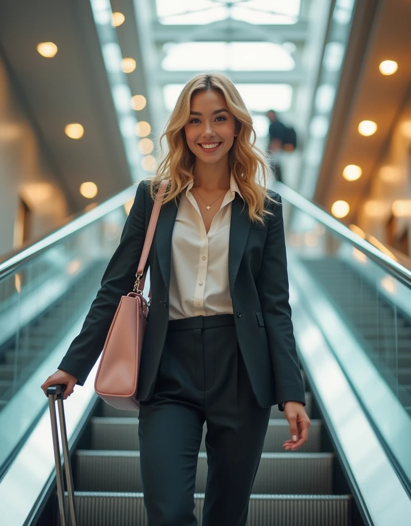 hyperealistic photo, a beautiful blonde woman ,25 years old, smiling, walking down an escalator at an shoppingcenter, with luggage in hand, wearing business casual , a light pink tote bag hanging off her shoulder, in the style of high resolution photography, in the style of high quality photo realistic images. detailed face, 8k