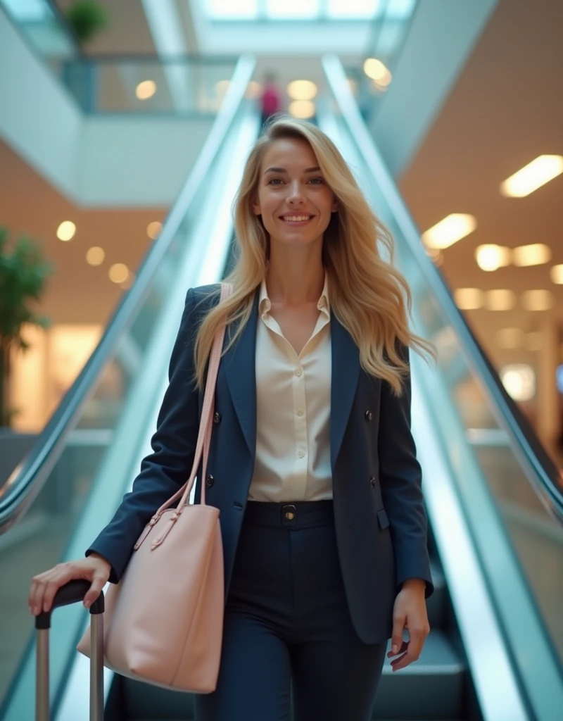 hyperealistic photo, a beautiful blonde woman ,25 years old, smiling, walking down an escalator at an shoppingcenter, with luggage in hand, wearing business casual , a light pink tote bag hanging off her shoulder, in the style of high resolution photography, in the style of high quality photo realistic images. detailed face, 8k