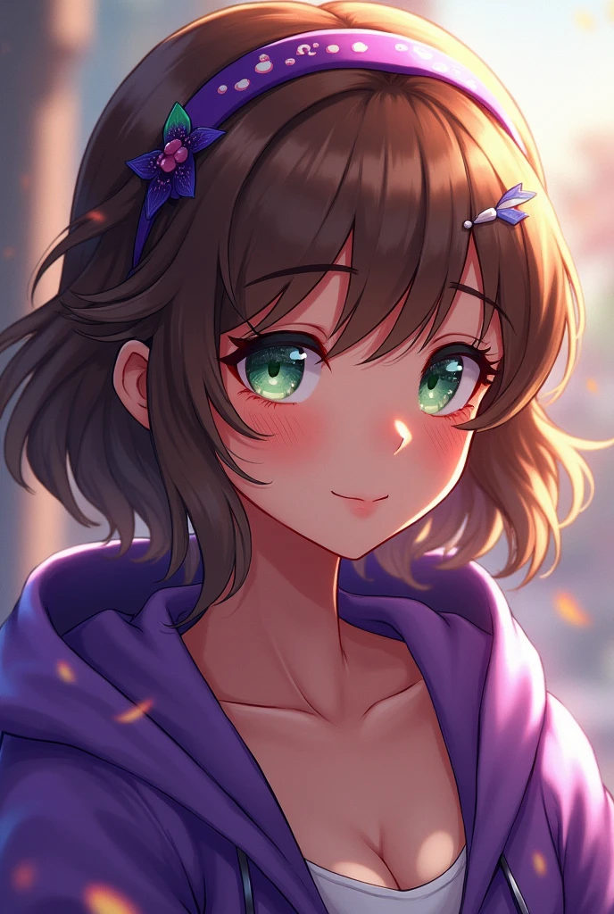 Style girl genshin impact, brown skin, green eyes, shoulder-length wavy brown hair, cute headband in her hair, purple hood uncovered from her face
