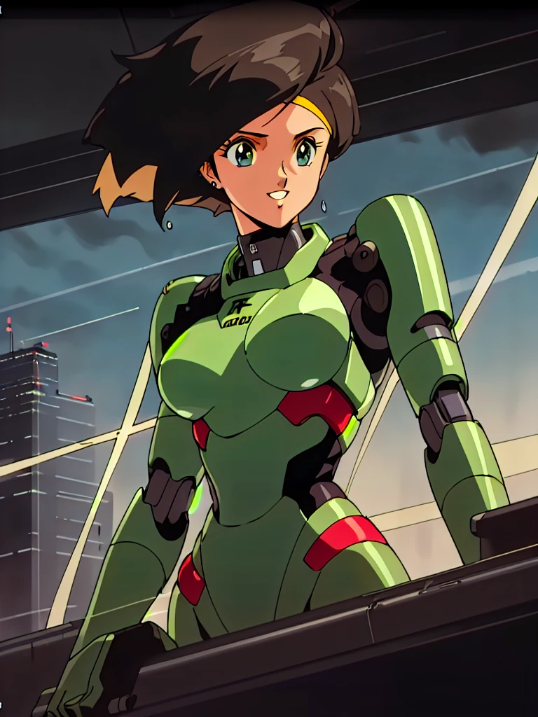 Kenichi Sonoda, retro art-style, 90s Japanese Anime Style, "bubblegum crisis", Sci-fi, Cyberpunk, Neon, (A high-rise building under construction was exposed to the storm with its rib-like steel framework exposed. On a stormy night, amid heavy rain and lightning, 20-year-old anime beauty Linna runs with the force of a storm on the thin steel framework stretched dozens of meters above the ground. Her striking features are accentuated by a light green metal hard suit decorated with bright orange lines inspired by Syd Mead's industrial machine designs. Her crow's feather-colored medium-length hair frames her piercing gaze while she flashes a confident smile at the viewer. With fearless determination etched on her face, Linna is imposing, and her entire presence exudes an aura of cool and stylish elegance. The smooth curves of her shadow lit by lightning create a captivating silhouette, showcasing her unparalleled charm. The active beauty of an athlete in motion.), A beauty under the watchful eye of the city's towering skyscrapers.), 1girl, solo, The Sub-characters, "Linna", 20yo, anime beauty, Unparalleled beauty, black medium length hair, Yellow Bandana, forehead, black eyes, Kind eyes, harsh brushstrokes, dramatic lighting, A light green metal hard suit with orange lines has a sophisticated design, kind smile, High-speed running forward in the backlight, she looks cool and stylish, Background flowing from front to back, raindrops slamming down, Extreme close-up photography of upper body, from below, Depth of field, girl focus, (masterpiece, Award-winning work, extreme quality, ultra high definition, all intricate, overall detailed, very aesthetic, boast pompously, focus on entire screen, asymmetrical, raytraced, incredibly absurd resolution, absolutely resolution, ultra high resolution, professional, vivid colors, 16k, perfect anatomy, ideal facial features, Beautifully detailed face, Beautifully detailed eyes, ideally proportioned figure, perfectly beautiful body),