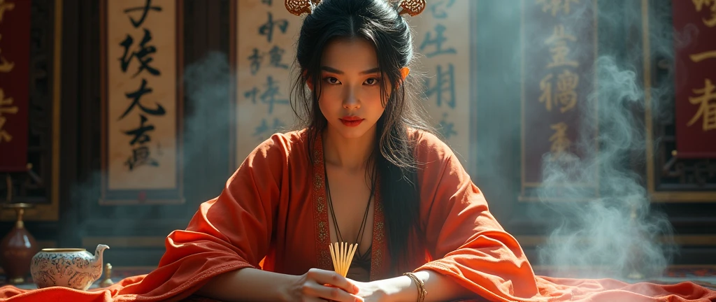 A beautiful and mysterious female fortune teller, dressed in traditional Chinese robes, gracefully shaking a bamboo tube filled with 64 yarrow sticks for divination. The scene is bathed in soft, mystical light, with delicate smoke swirling around her. Her eyes are intense and wise, and the atmosphere is filled with ancient wisdom and mysticism. The background features traditional Chinese decor, with intricate patterns and ancient scrolls, adding to the sense of depth and history.