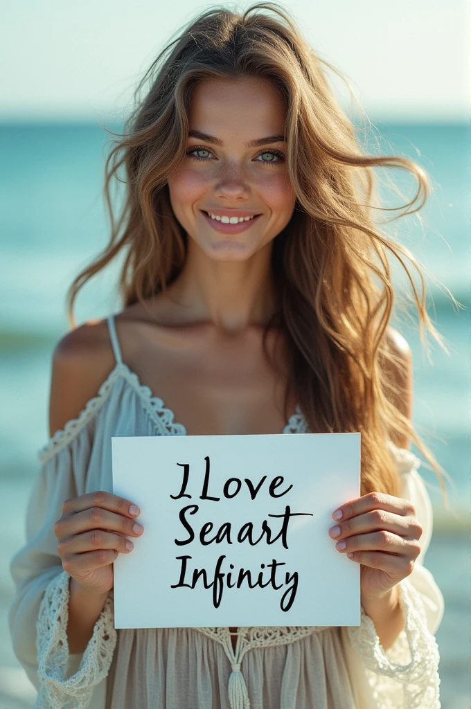 Beautiful girl with wavy long hair, bohemian dress, holding a white board with text "I Love Seaart Infinity" and showing it to the viewer