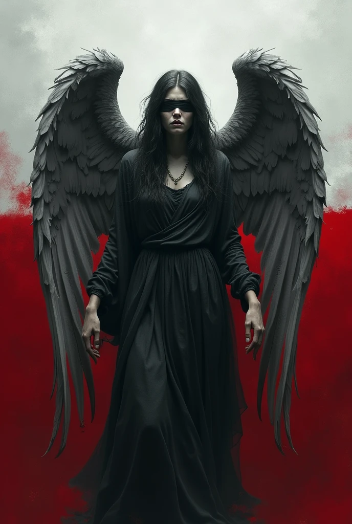 Best quality, masterpiece, fallen angel, wings with blood, in the dark, deep shadow, low key, cold light, disheveled hair, decoration, hidden danger, oppressive tones, horror atmosphere, horror, blood, skeleton, broken sword, soul, pose, side face, stylized, blade through the body