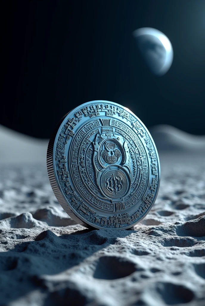 Aliens live on the other side of the moon and use crypto currency. Draw a 3d image of the coin