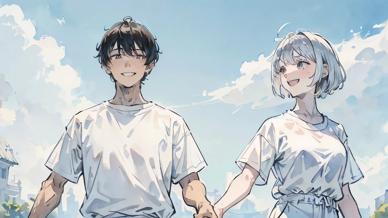 1 woman (medium silver hair, white shirt), 1 man (black hair, short hair, white shirt),
Two people are holding hands, two people are looking at each other, upper body composition, sunny, clear sky, beautiful blue sky, highest quality, masterpiece, beautiful expression, smile, laughing, white shirt, smile, watercolor painting,