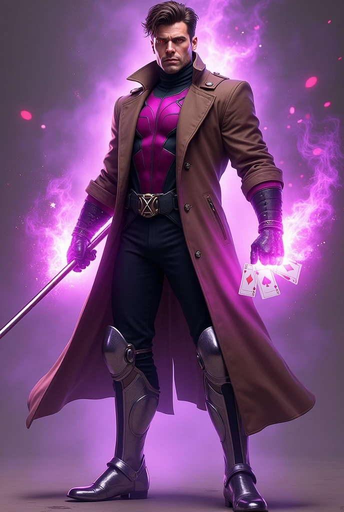 Gambit, white man, thirty-year-old, brown hair, handsome, shaved, black head sock, red pupils, smirking, full body, strong, brown trenchcoat, magenta chestplate, tight black spandex pants, belt with X symbol, silver high boots, metallic bo staff on right hand, cards on left hand, knee pads, standing, aura, glowing hands, purple-magenta aura,