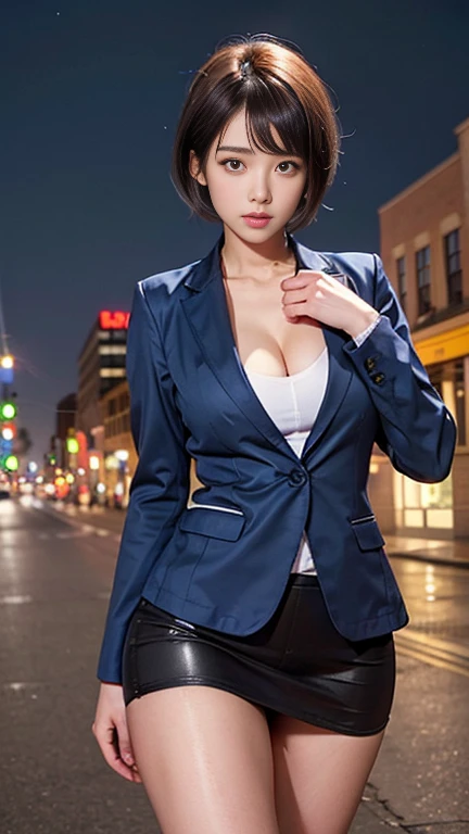 (masterpiece:1.2, Highest quality), Beautiful mature woman with a beautiful face,((45-year-old woman,ベテランflight attendant)), ((White blazer 1.4)), ((Red tight mini skirt 1.4),((Sweaty 1.5)),((Glowing Skin 1.3)),((Purple short hair 1.8)),((Accentuate the cleavage)),flight attendant, (Thighs), Perfect hands, (((Night downtown background))), , Providing safety instructions, Responding to emergencies, bangs,