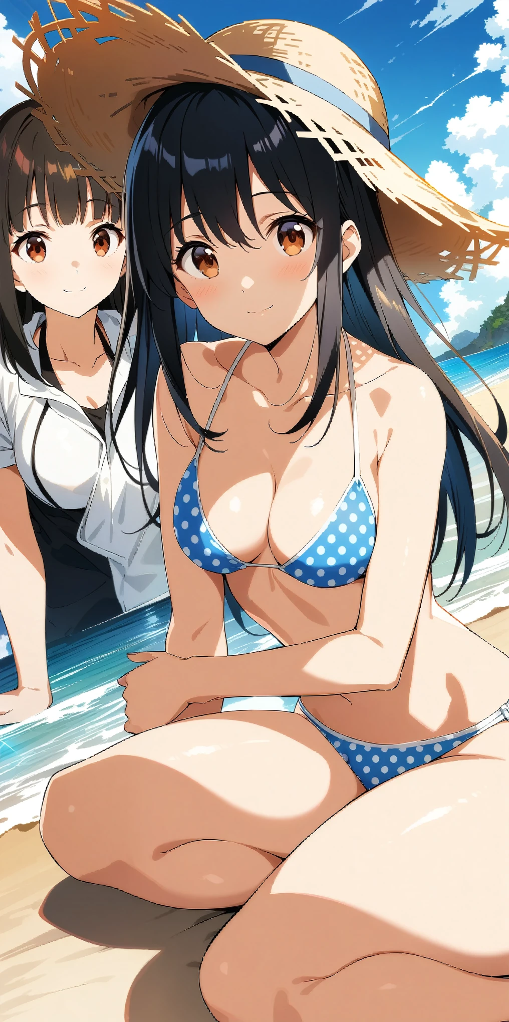 ((2 girls)), , black hair, short hair, long hair, cute face, brown eyes, ((curvy)), (medium breasts), ((Straw hat)), ((white polka dot bikini)), ((pretty bikini)), ((light smile)), ((Close your mouth)), multiple angle, many pose, (looking at another), (beautiful beachside), ((32k)), ((best quality)), ((ultra high res)), ((HDR)), ((UHD)), ((extremely detailed CG)), ((unity 32k wallpaper)), ((perfect anatomy)), (((illustration))), ((((anime colored)))),