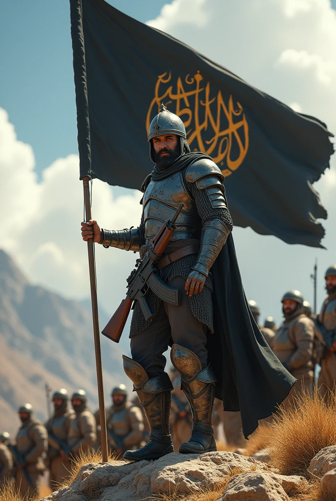 A warrior, wearing david's armour , who has black Islamic flag with calligraphy in the back and AK47 rifle in the hands. Athlete body, not very muscular, standing on top of a mountain in front of muslim soldiers turning back in a sunny weather.