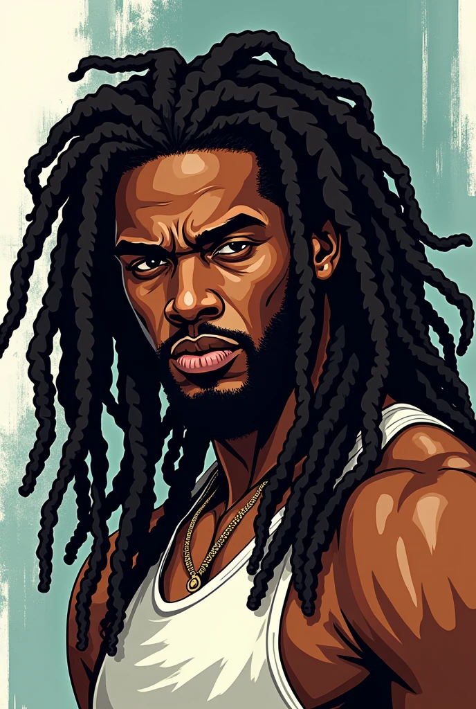 Winston Duke. young African man. fighter. face only. portrait. skinny. big full beard. extremely dark black skin. wide nose bridge. big nostrils. wide nose. yellow eyes. faint eyebrows. all black dreadlocks. plain t-shirt. slimmer. darker skin