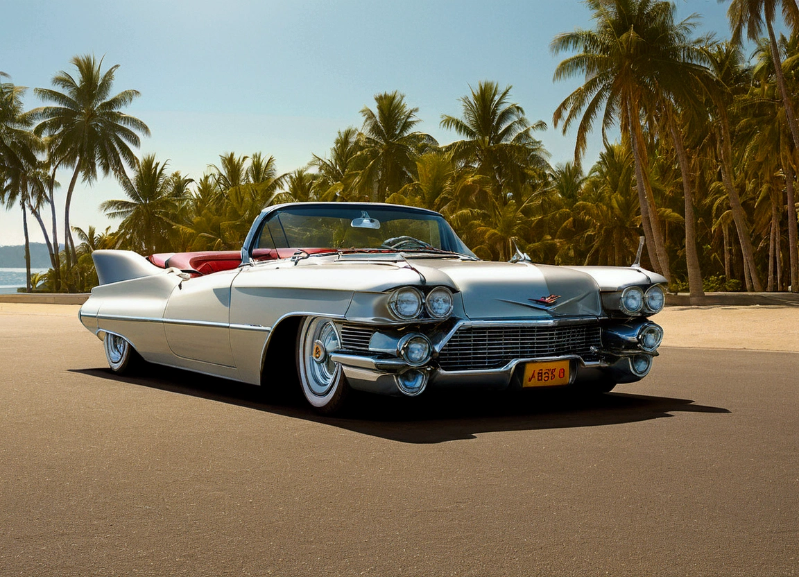 DIAGONAL and distant CAMERA, full image of A beautiful 18 year old girl driving inside a 1959 Cadillac Eldorado Biarritz convertible hot rod, futuristic style, rounded corners, SILVER COLOR MIRRORED METALLIC reflective, METALLIC MIRROR SILVER COLOR, EXTREMELY POLISHED AND MIRRORED PAINTING, PAINTING reflects bright sunlight, Hot rod style , film style stalone cobra, the painting reflects the sunlight, reflection of light shine on painting, has a THICK AND WIDE wheel in the color GOLD star, has GOLD star color wheel, thick and ridiculously wide and turned sports wheels, GOLDEN AND POLISHED WHEELS, It has gold wheels, ridiculously lowered front suspension, IN A PARKING LOT IN FRONT OF A BEACH WITH COCONUT TREES AND BEAUTIFUL BLUE AND CRYSTAL CLEAR WATER, image in diagonal pose, hyper-detailed image masterpiece, whole image