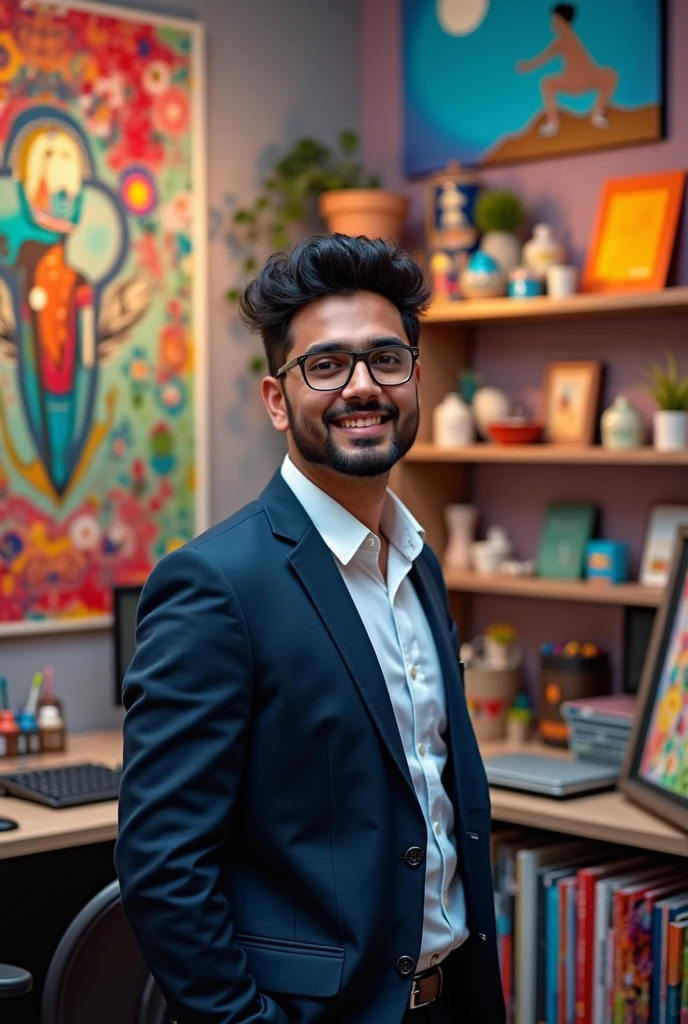 A vibrant and dynamic photo of a south asian ed boy wearing a smart formal dress, standing in front of his bustling graphics design studio. The studio is filled with colorful artwork, modern equipment, and creative tools. The youngster exudes confidence and passion, with a little smile on his face. The background displays a blend of traditional and contemporary elements, showcasing the fusion of cultures and styles in his work.