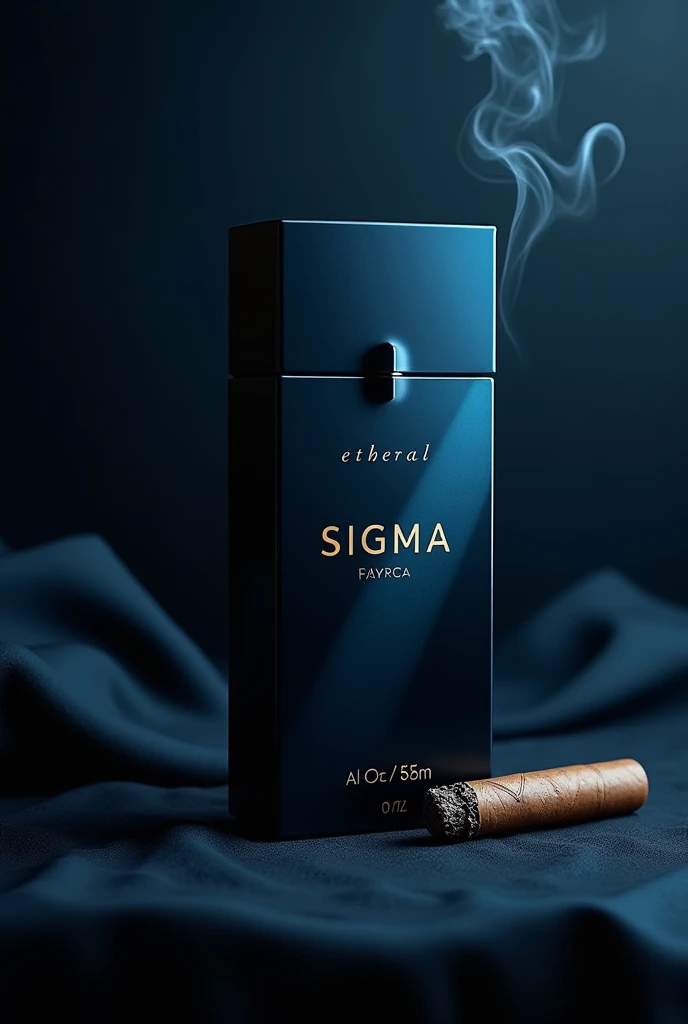 Make a cool graphic on a perfume box. Picture must be in sigma and attitude. Brand name is ethereal and perfume name is sigma.color must be blavk and dark blue gradient color
Make a box on this perfume
Yes but make some cigaar and smoke in it