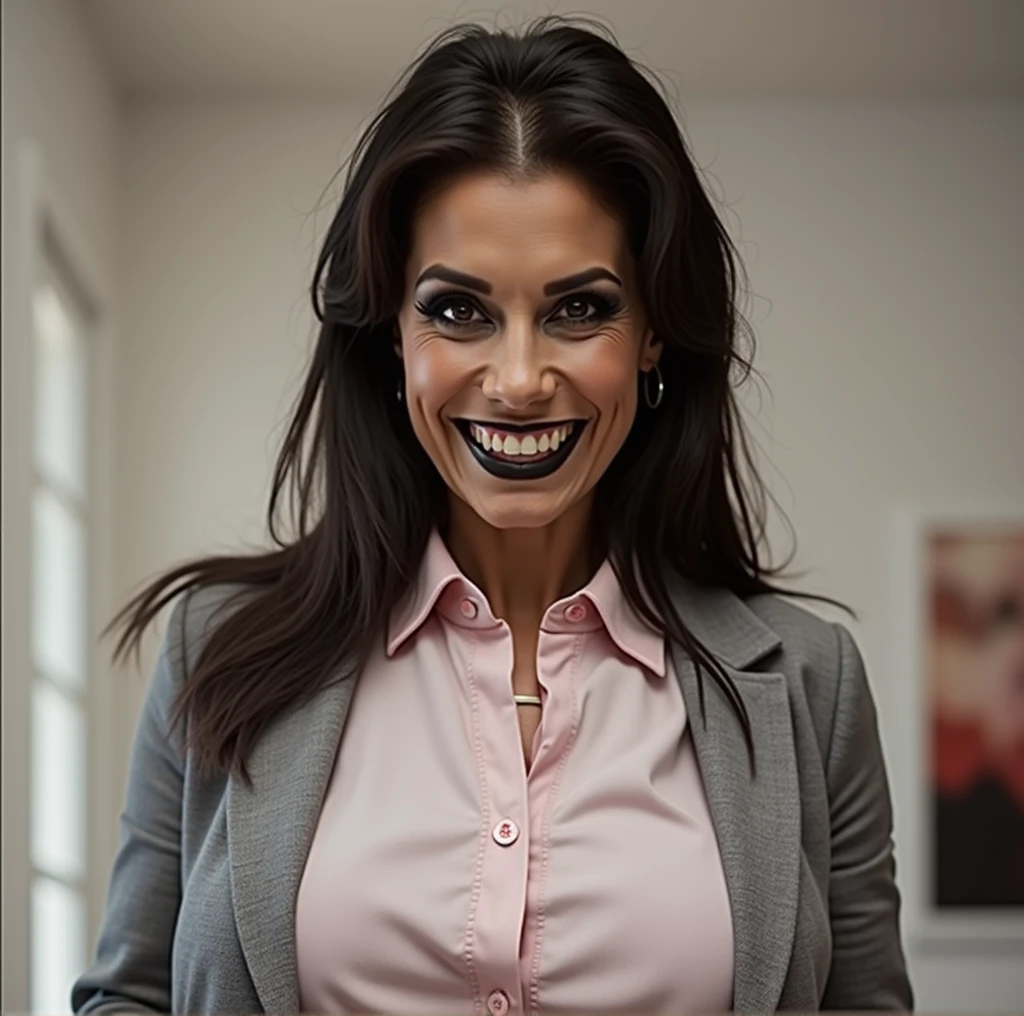 beautiful evil 70 year old witch bodybuilder, black eye makeup, grey office jacket, fully buttoned up pink collared button blouse, long black hair, big breasts, mouth open, evil laugh, beautiful perfect teeth