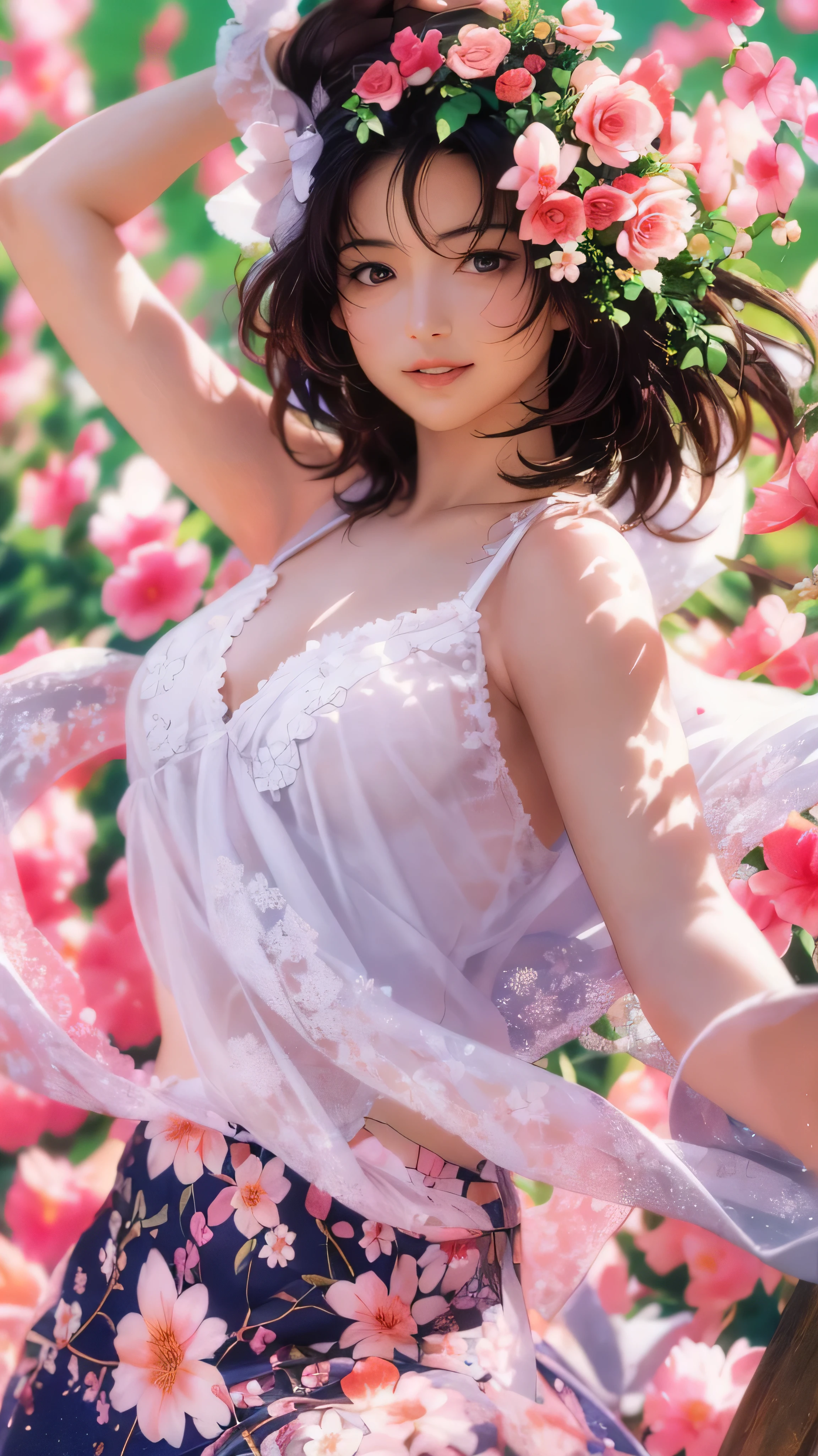 Official Art, wallpaper, Very detailed, (((Very detailed))), Realistic portraits, (high quality, masterpiece, High resolution) , 8k ウルトラHD, high quality, There are women, Surrounded by colorful flowers, Flower Field, Woman portrait, Beautiful young dark-haired woman, Fantastic and dreamy, 4K, 8k, smile, dynamic, Anatomically correct, The wind is blowing, Dancing petals, horizon, dance, Bouncing, Dress, Europe, grassland, Open Field, Low - Angle, White clothes