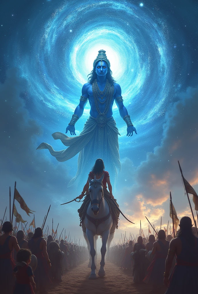Lord Krishna explaining bhagwat geeta in Kurukshetra , on Arjun chariot , showing his universal form, Arjun devoting towards Krishna and every possible live form is existing in Lord Krishna