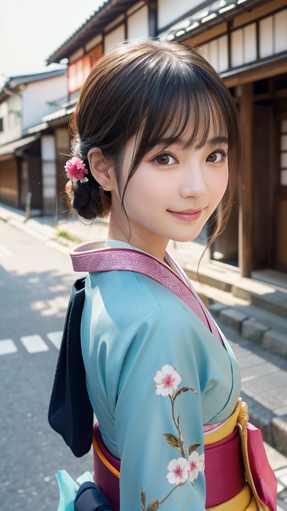 Professional Lighting,(Photorealistic:1.4), (Top image quality:1.0), (超High resolution:1.0), 8k, Raw photography, (masterpiece:0.2), (Facing the children_v1:0.5)、(最高quality Detail:1.2)、Realistic、8k UHD、High resolution、(1 girl:1.2)、超detailedな、High quality textures、複雑なdetailed、detailed、Very detailed CG、High quality shadows、detailed 美しく繊細な顔、Beautiful details and a delicate eye、(Symmetrical eyes:1.2),Written boundary depth、Ray Tracing,1 girl, Japanese, (Natural smile:1.4),cute, thin, Portrait of a beautiful Japanese woman in a kimono, Standing elegantly on a street corner in Kyoto. Kimono with vibrant traditional patterns, Hair decorated with elegant and delicate hairpins, Gentle expression. (With the old streets of Kyoto in the background:1.4)、The soft light of a spring afternoon、Adding tranquility to the scene. Rendered in a Realistic style with great attention to detail, High resolutionの画像.Sky Porn, Magic Hour, (Realistic:1.3), finely, quality, (Tabletop:1.2), (Realistic:1.2), (最高quality), (複雑なdetailed), dramatic, Ray Tracing, photograph, +roller、The pose is random