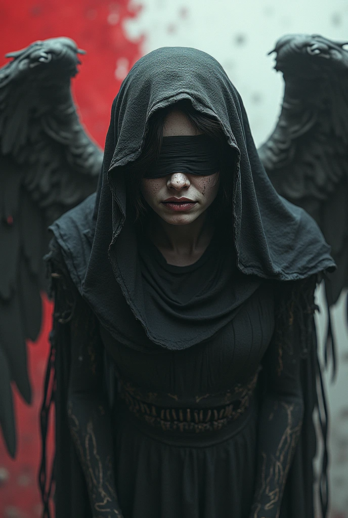 a suffering angel with blindfolded, detailed gloomy angel, in the background Polish colors white-red, photorealistic, gruselig, düster, gothic style