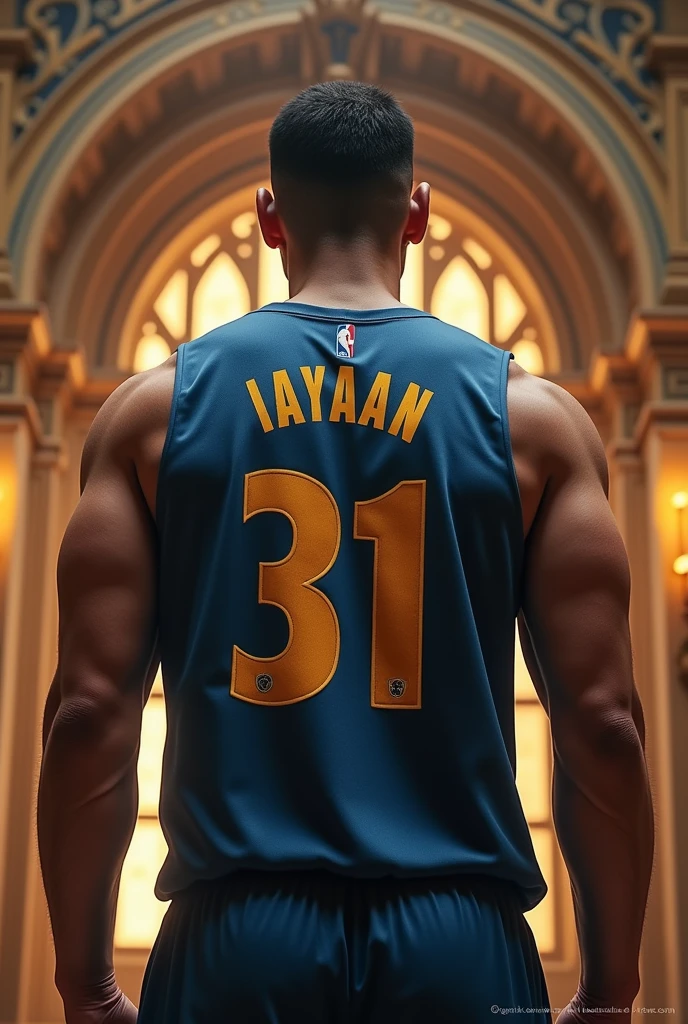 A man standing and wearing a jersey AYAAN 311 in masion