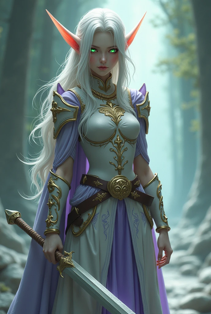 Final Fantasy game theme. Image of a 28 year old white haired elf standing holding her favorite sword.glowing green eyes, He wore light armor in gold and violet., pastel colours, and dramatic tones. A masterpiece with the highest resolution. , Surrealist image type