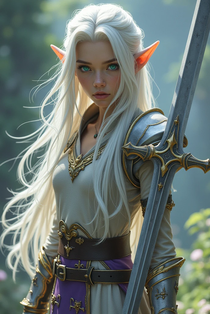 Final Fantasy game theme. Image of a 28 year old white haired elf standing holding her favorite sword.glowing green eyes, He wore light armor in gold and violet., pastel colours, and dramatic tones. A masterpiece with the highest resolution. , Surrealist image type
