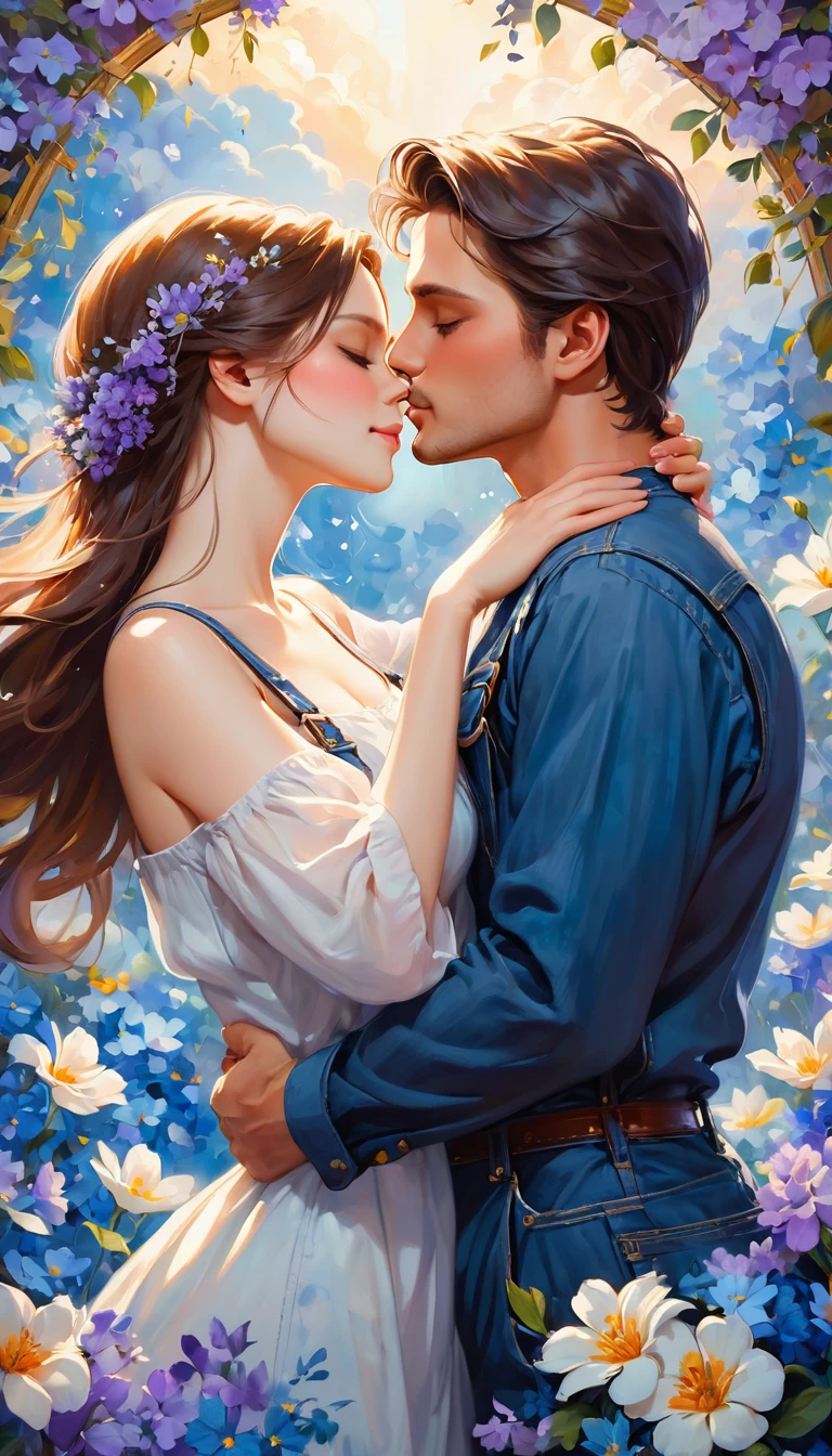 In this image,, we see a couple, passionately kissing on a colorful background. The background has shades of blue and purple., creating a dreamy and romantic atmosphere. The couple is depicted in the painting, with a man and a woman, shown close up, when they share this intimate moment. The painting conveys emotions of love and connection.., with flowers and composition, improving overall mood. The image conveys a sense of romance and tenderness.., evoking a feeling of warmth and affection.