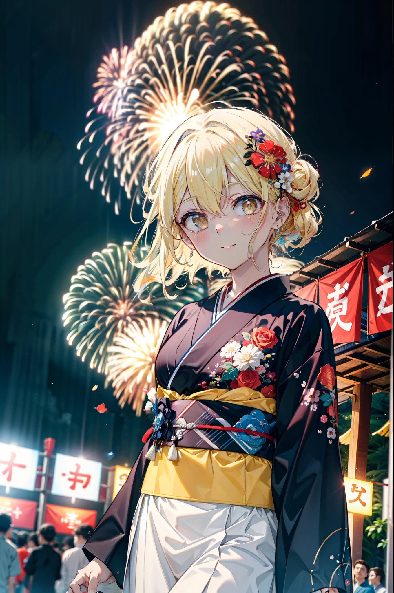 Eiswallenstein, Eyes Wallenstein, blonde, Hair between the eyes, hair band, Long Hair, (Yellow Eyes:1.5), hair tied back,Flower Hair Ornaments,smile,blush,Blue Kimono,日本のfestival,夏festivalの屋台,Red lantern,Fireworks in the night sky,Fireworks,The place is a fireworks display,Time is night,whole bodyがイラストに入るように,
break looking at viewer,whole body, (Cowboy Shot:1. 5),
break ourdoors ,festival, break (masterpiece:1.2), Highest quality, High resolution, unity 8k wallpaper, (shape:0.8), (Beautiful and beautiful eyes:1.6), Highly detailed face, Perfect lighting, Extremely detailed CG, (Perfect hands, Perfect Anatomy),