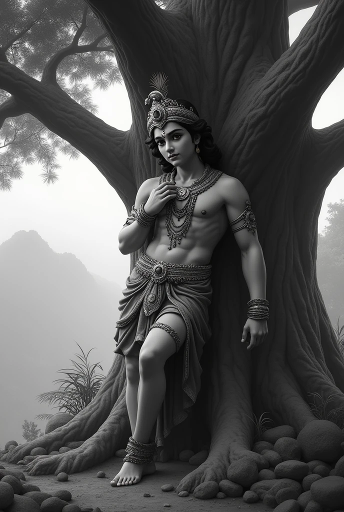 Lord Krishna real image leaning on a tree in black and white